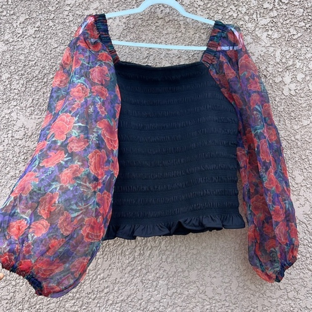 Calligraphie Rosette Floral Puff Sleeve Tube‎ Smocked Blouse Shirt Top Sz Large